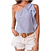 OYOANGLE Women's Striped Ruffle Trim One Shoulder Tank Top Sleeveless Tunic Blouse