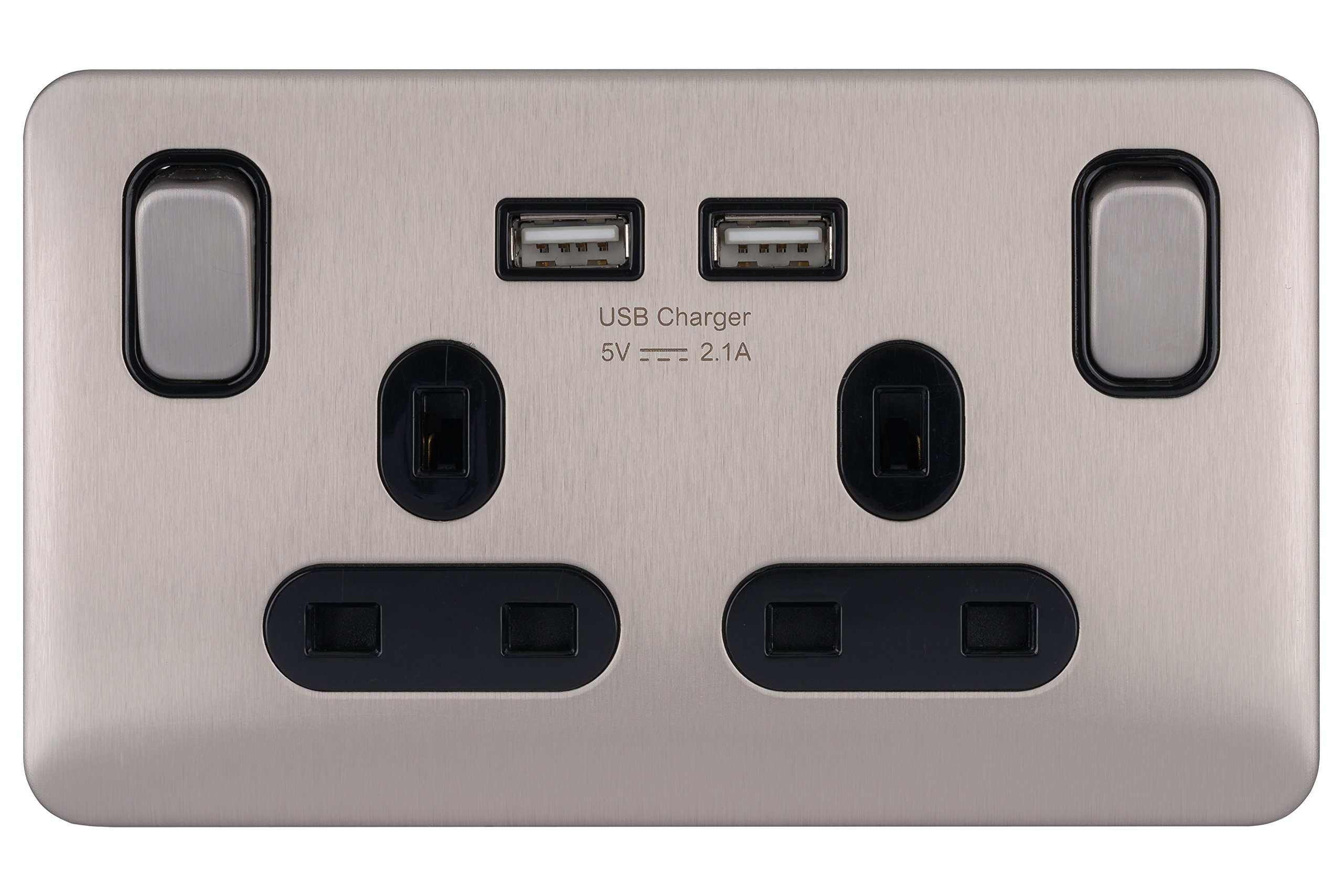 Schneider Electric Lisse Screwless Deco - Switched Double Power Socket, Single Pole with USB Charging Ports, 13A, GGBL30202USBABSSS, Stainless Steel with Black Insert