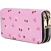Nabegum Cherry Wallets for Women Large Capacity 2 Zipper Fruit Ladies Purse Bow Credit Card Holder Pink