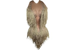 Tyian Sparkly Diamante Fringe Bodysuit Sexy performance birthday club pole Dance Leotard team Drag Queen Costumes Outfit