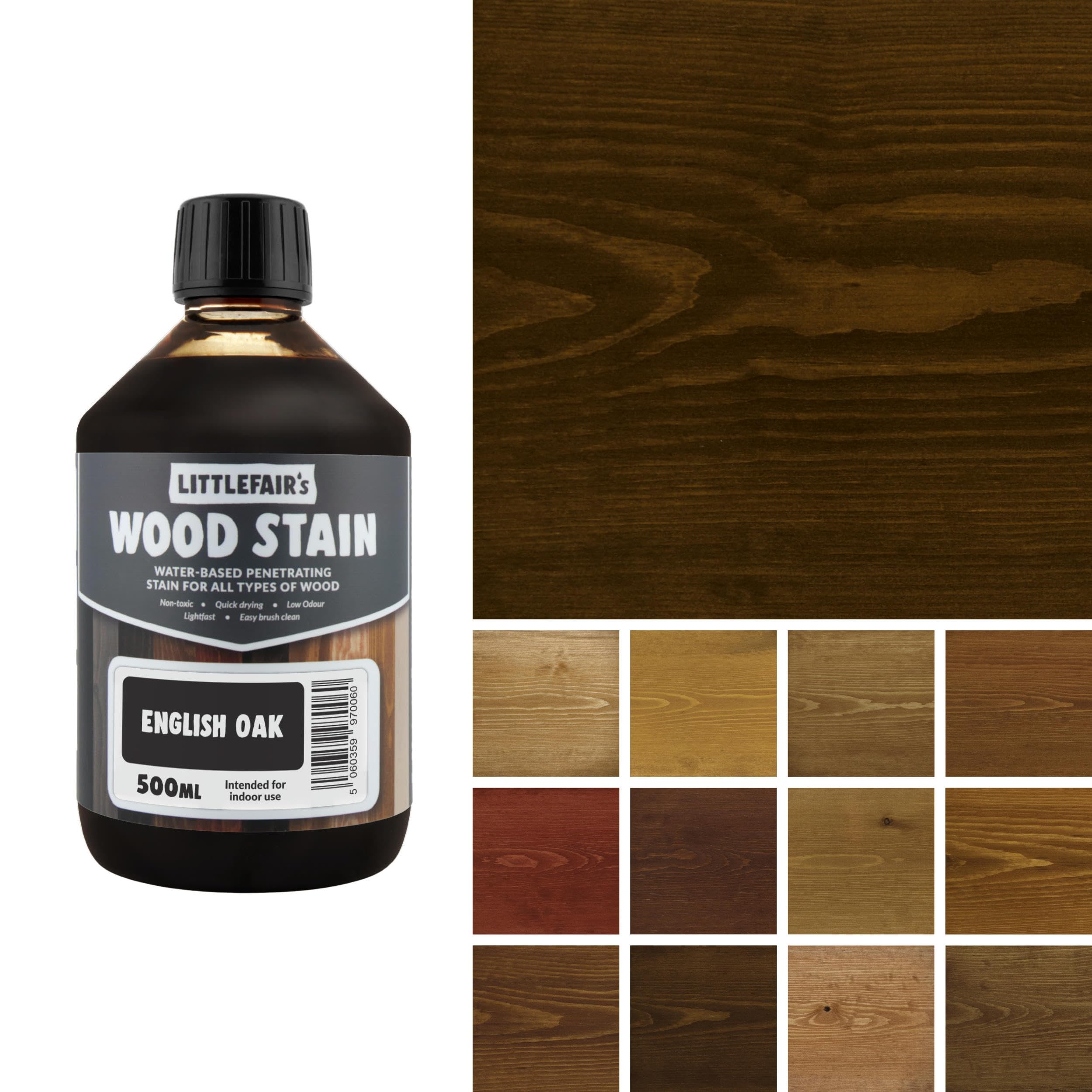 Littlefair's Wood Stain Water-Based - (English Oak) – Non-Toxic, Eco-Friendly & Quick Drying - Easy-to-Apply, Concentrated Formula for All Wood Types – 500ml