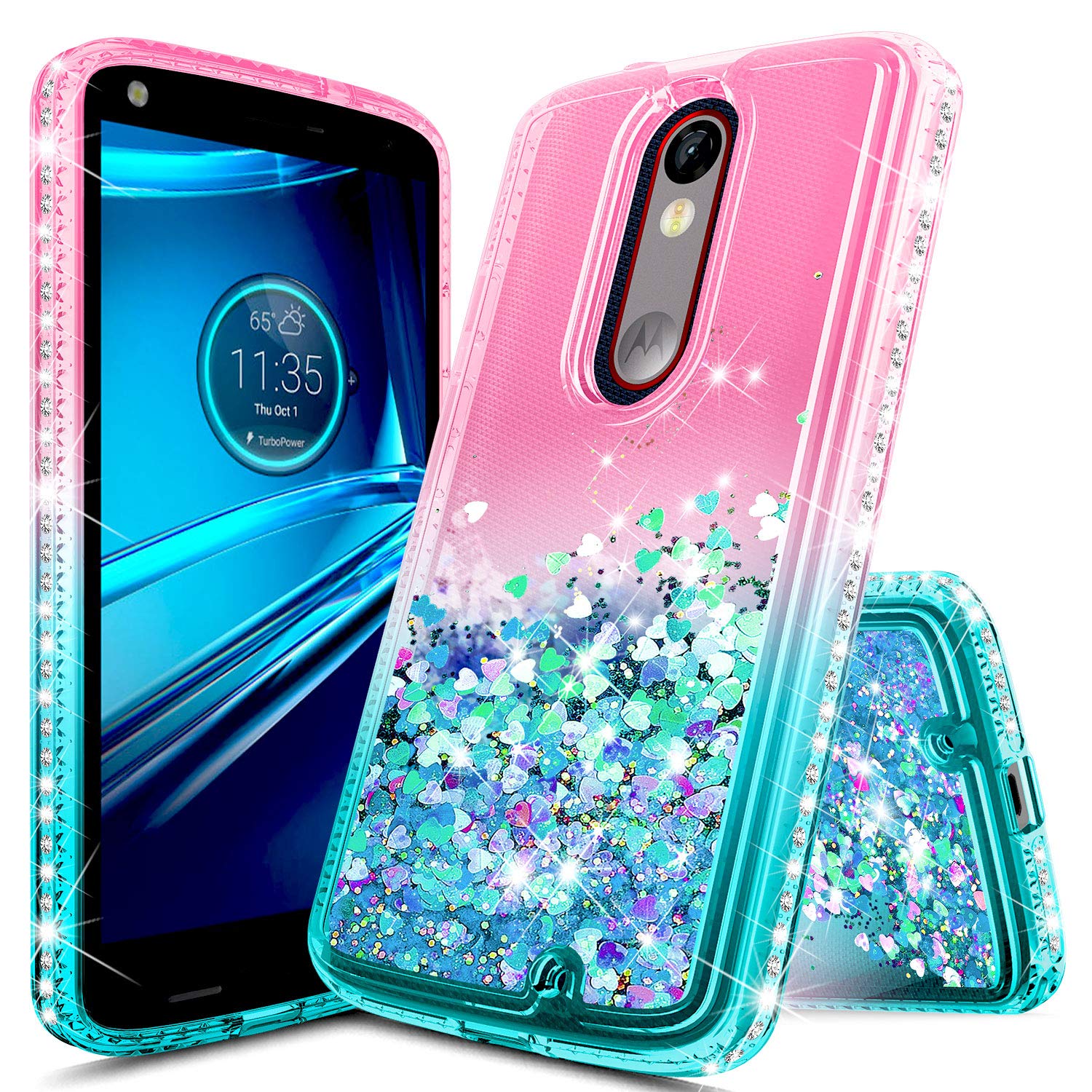 Droid Turbo 2 Case, NageBee Glitter Liquid Quicksand Waterfall Floating Flowing Sparkle Shiny Bling Diamond Girls Cute Case Designed for Motorola Droid Turbo 2 (Verizon XT1585) -Pink/Aqua