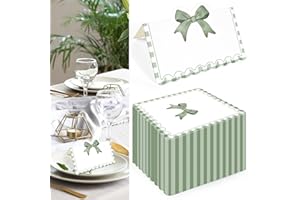 150 Pcs Sage Green Bow Place Cards Green Gingham Party Decoration 3.5 x 2" Coquette Tented Name Cards with Scalloped Edge Bla