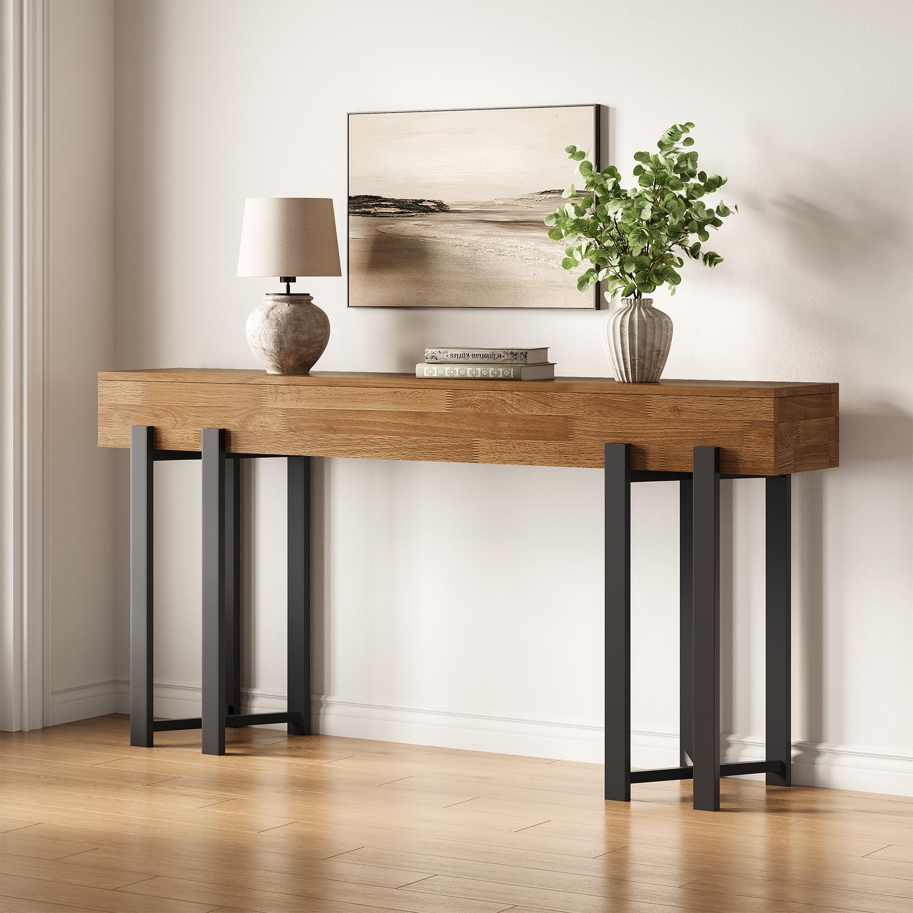 Photo 1 of ***MAJOR DAMAGE*** LITTLE TREE 63-Inch Console Table for Entryway, Farmhouse Behind Couch Table, Minimalist Sofa Table for Living Room, Long Wooden Hallway Foyer Table with Black Metal Frame, Oak