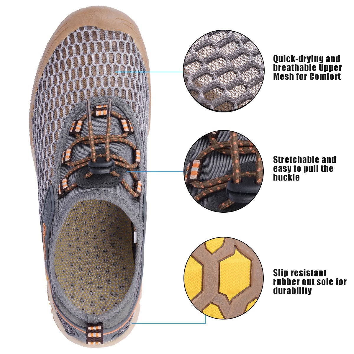 Neoyowo Mens Quick Drying Aqua Water Shoes for Hiking Beach Walking(Grey 45 EU)