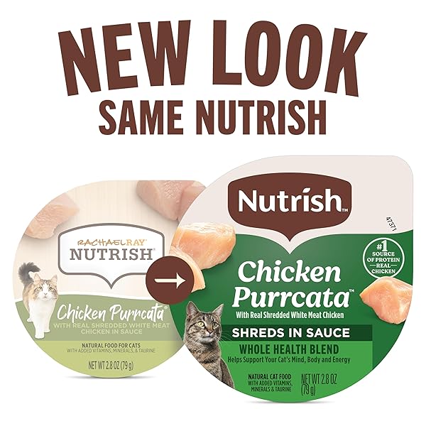 NUTRISH GRAIN FREE WET CAT FOOD CHICKEN PURRCATA WHOLE HEALTH BLEND WITH REAL SHREDDED WHITE MEAT CHICKEN IN SAUCE, 2.8 OZ. CUP (RACHAEL RAY) (PACK OF 12)