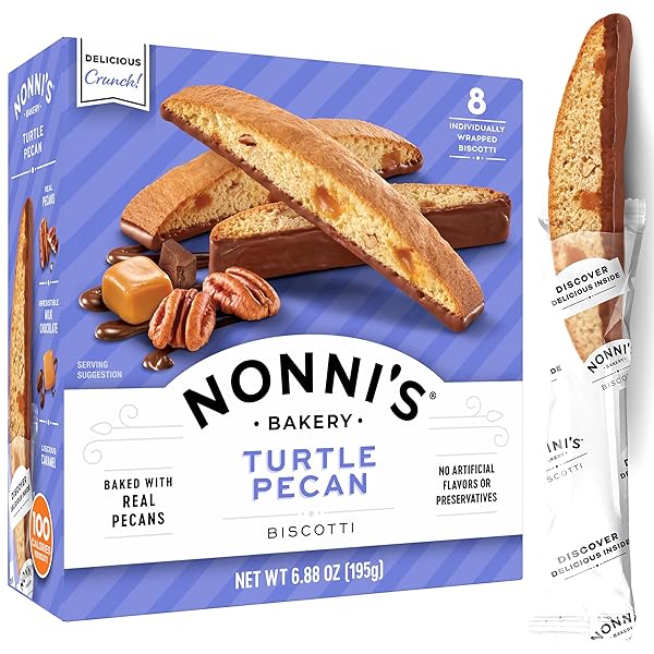 NONNI’S BAKERY TURTLE PECAN BISCOTTI COOKIES, INDIVIDUALLY WRAPPED, ITALIAN COFFEE AND TEA BISCUIT SNACK, 6.88 OZ, 8 COUNT