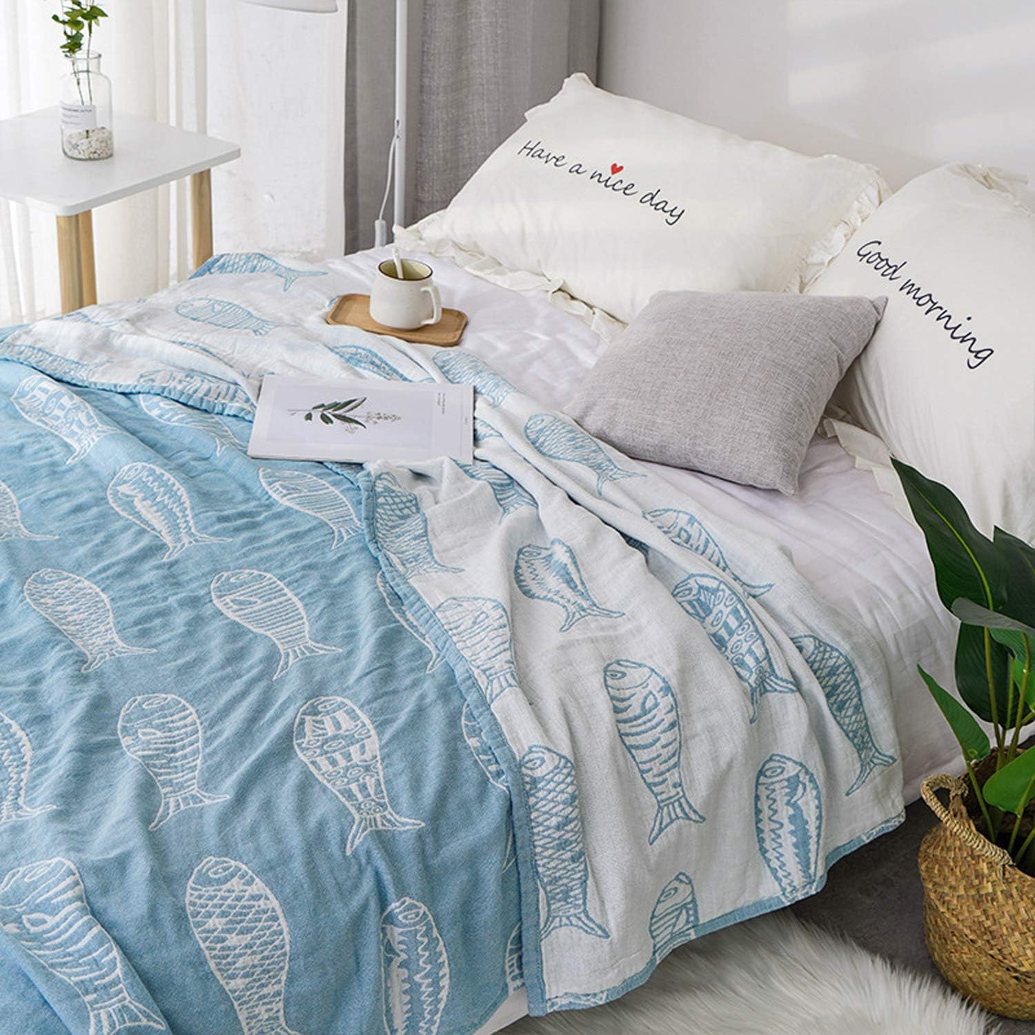 OCCIENTEC Lightweight Muslin Cotton Blanket for Bed Sofa Couch, 100% Combed Cotton Blanket 3 Layers Soft Warm Cotton Gauze Throw Blanket Twin/Queen/King Size (Blue, F/Q 80" X 90")