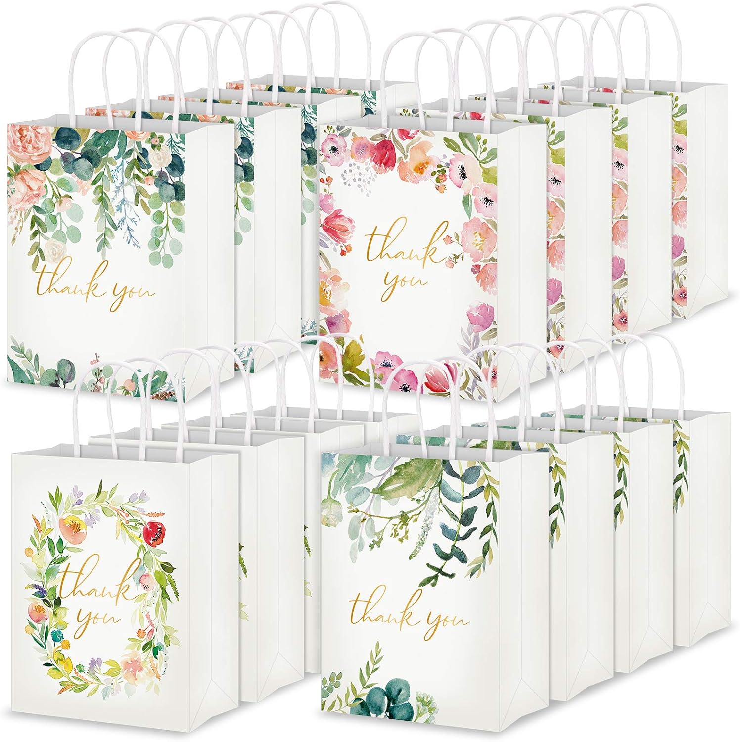 Whaline 16Pcs Floral Design Small Thank You Bags Thank You Party Bags Small Paper Bags White Kraft Paper Bags Party Favor Bags for Wedding Birthday Baby Shower Party Favors 6.3 x 8.7 x 3.1inch : Office Products