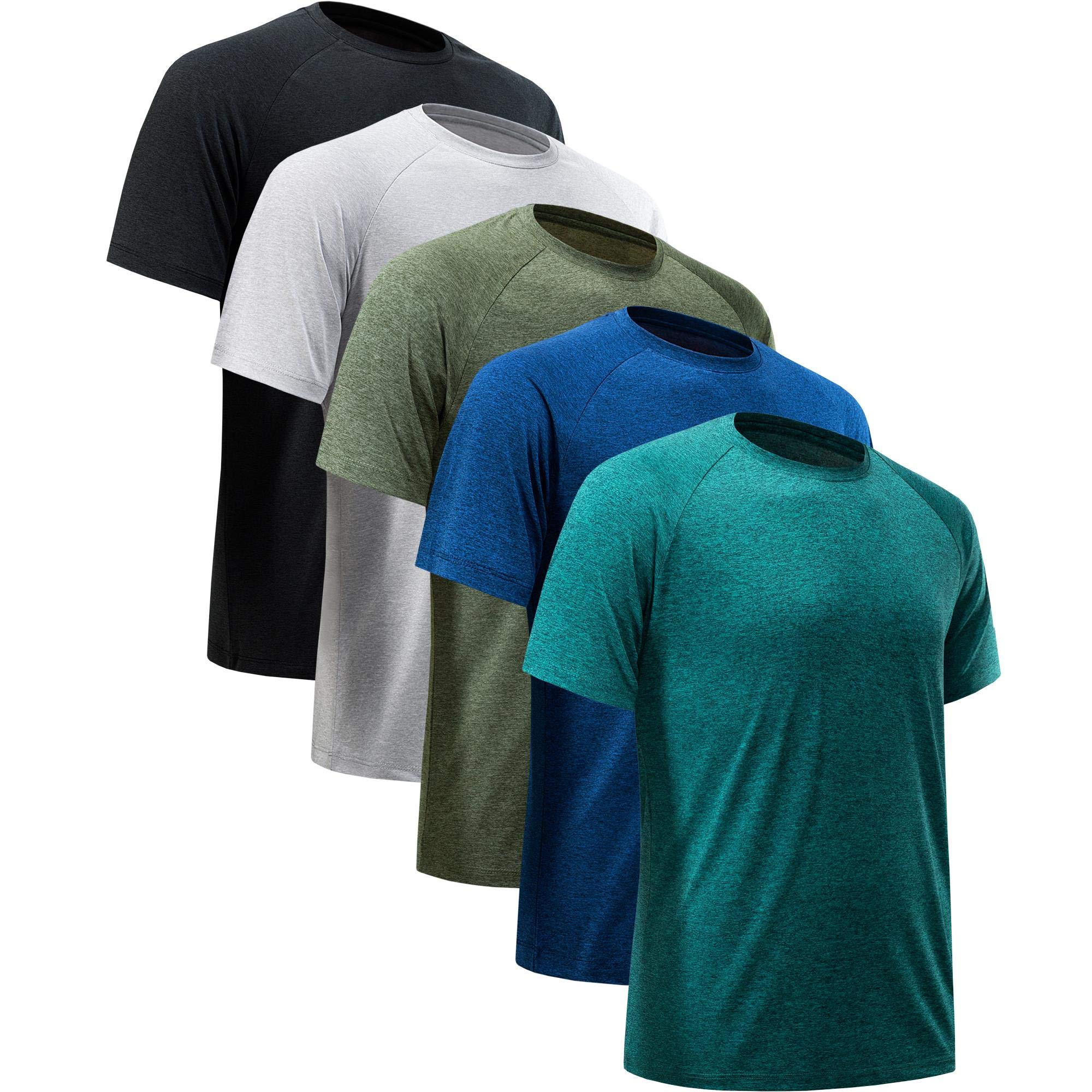 Photo 1 of ****ONLY 4 SHIRTS*****MCPORO Workout Shirts for Men Short Sleeve Quick Dry Athletic Gym Active T Shirt Moisture Wicking 5 Pack Black, Dark Blue, Army Green, Light Grey, Hydro Teal Medium