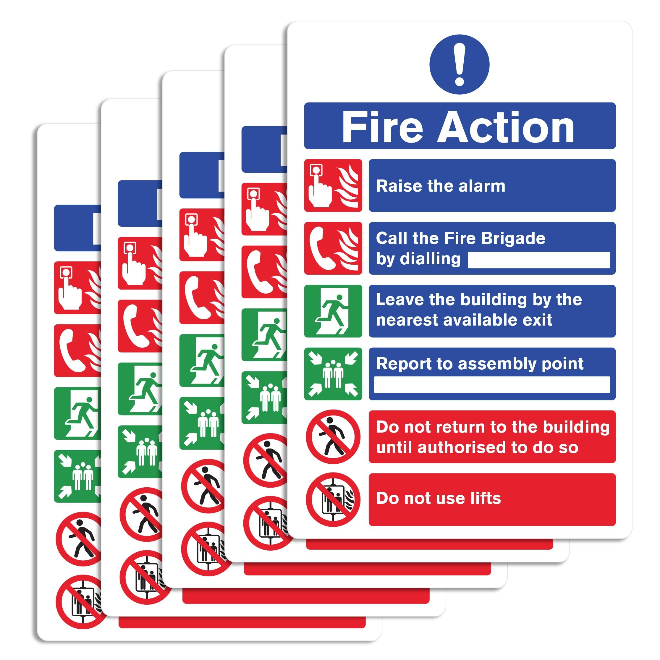 Fire Action Notice Sign - Rigid Plastic - Fire Resistance Material - Pack of 5 - Evacuation Procedure, Report to Assembly Point, With Emergency Number and Clear Fire Alarm Guidelines, 200mm x 300mm