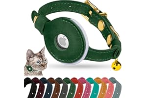 OOPSDOGGY Reflective Leather AirTag Cat Collar with Bell - Non Breakaway Adjustable Pet Collar with Apple Air Tag Holder - Lightweight GPS Kitten Collars for Small Dogs Puppy Girl Boy (Green)