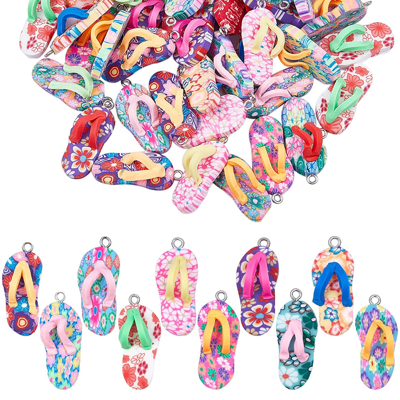 SUNNYCLUE 1 Box 30pcs Clay Flip Flop Charms Pendant DIY Jewellery Mini Slippers Charms Colorful Polymer Clay Pendants for Women Summer Jewellery Making Necklace Earrings Bracelet Craft Findings