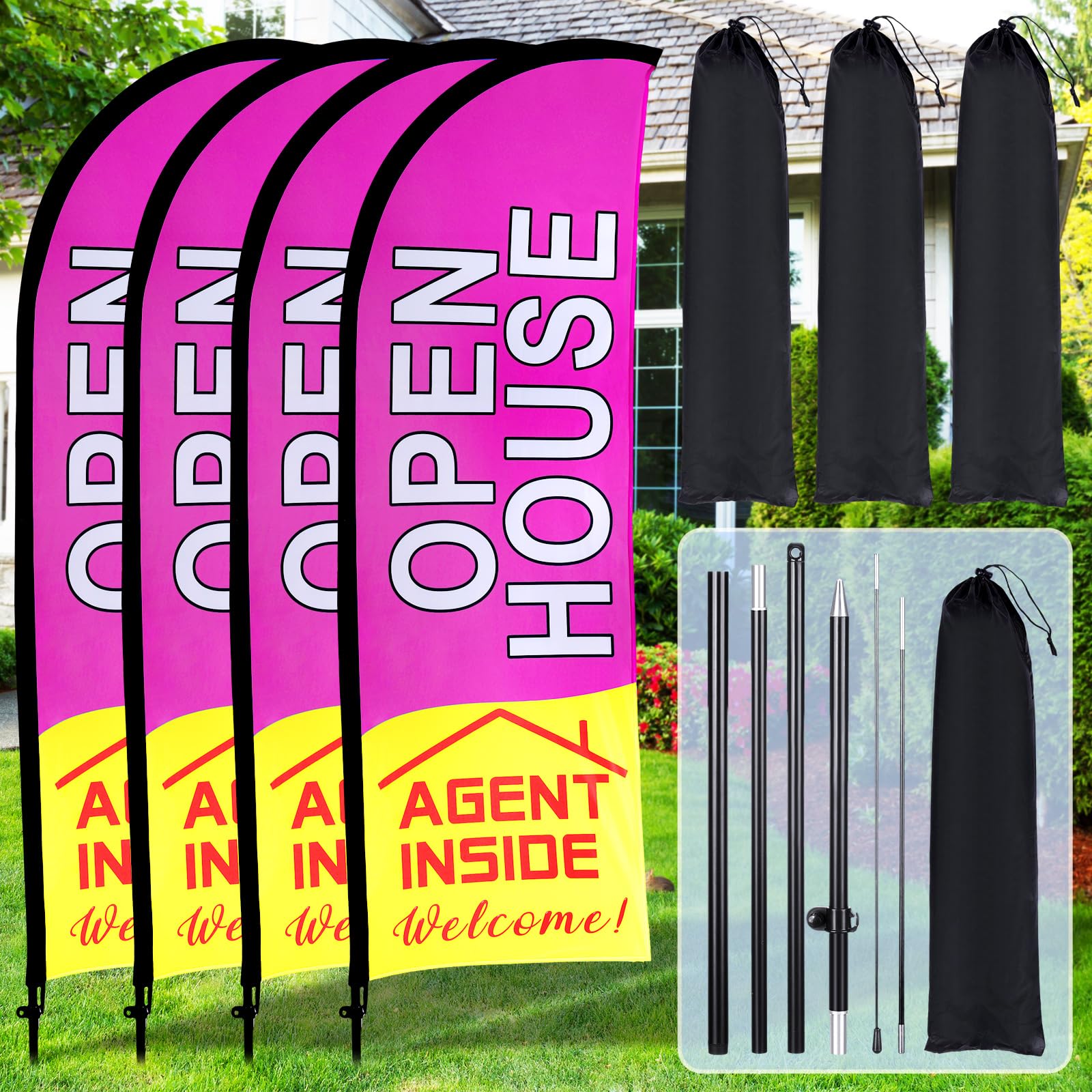 Buryeah 4 Pack Open House Flags Signs for Real Estate Agents 7x5.4 Ft ...