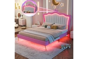 Linique Full Size Upholstered Bed Frame with LED Lights, Modern Upholstered Princess Bed with Crown Headboard, Pink+White