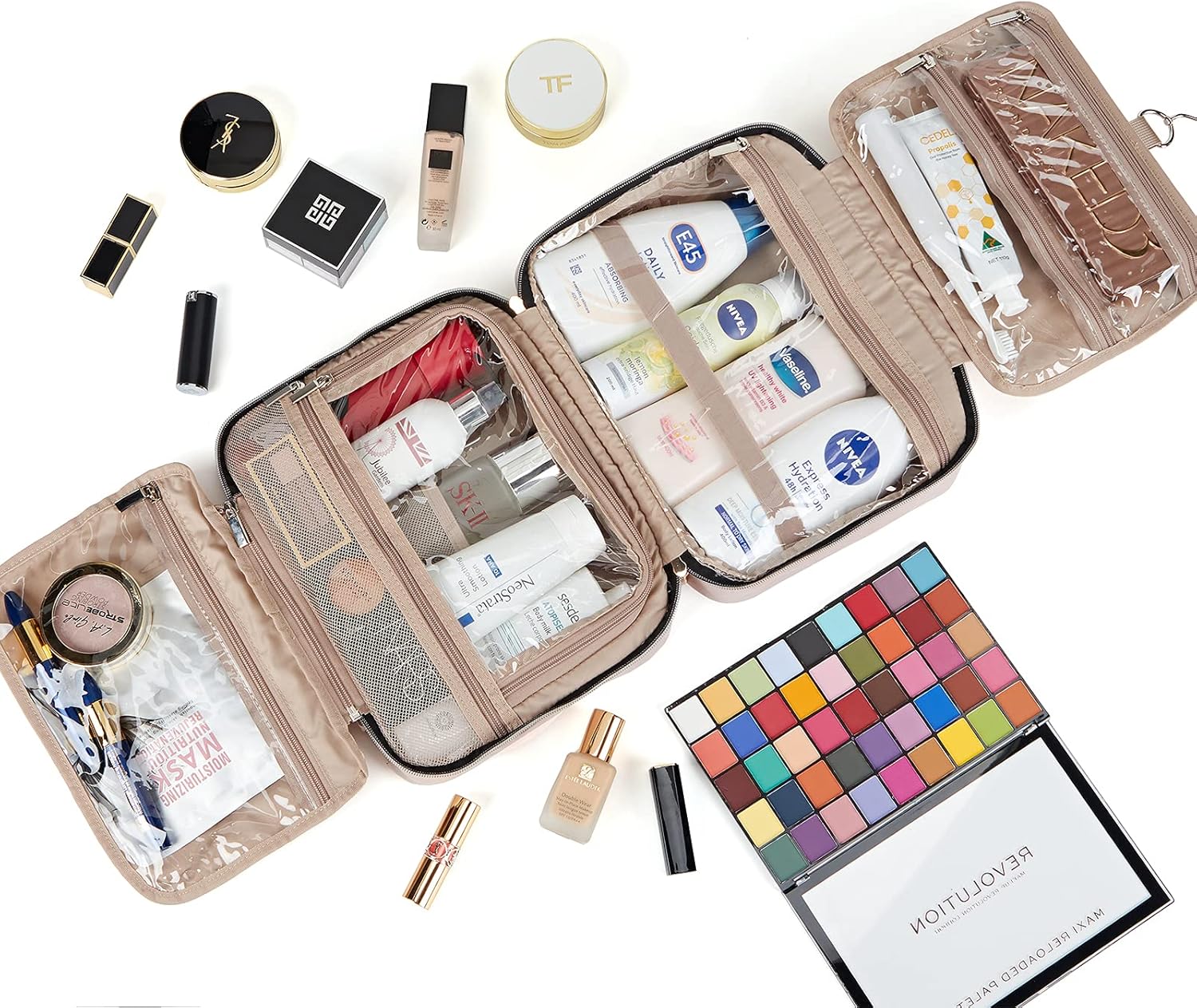 NISHEL Hanging Travel Toiletry Bag, Visible Makeup Organizer, Makeup Case for Travel Accessories, Bathroom Shower, Pink: Clothing