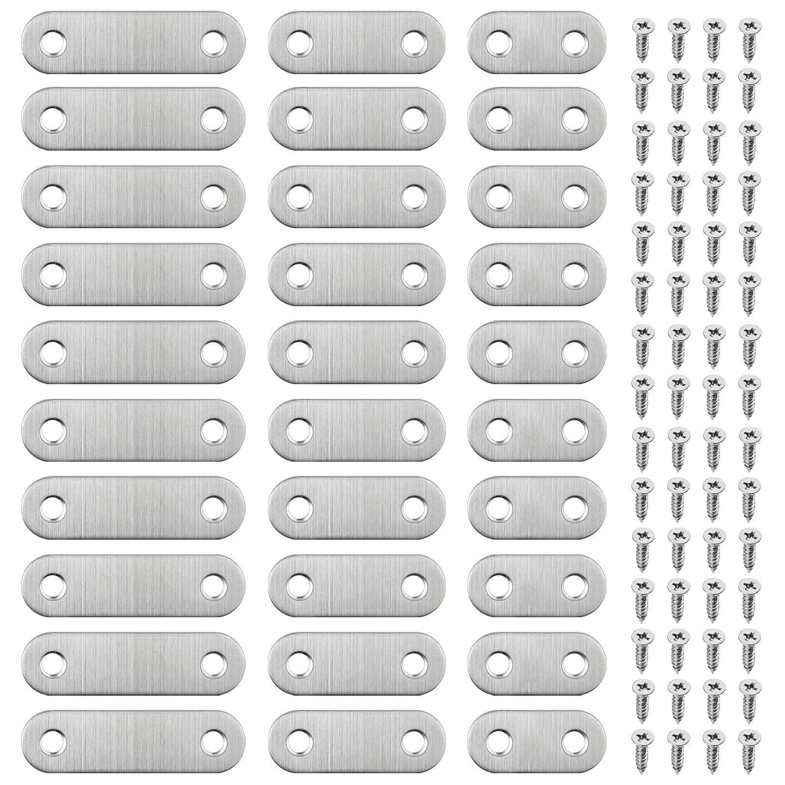 GOTRUST 30pcs Flat Fixing Brackets, 2 Holes Stainless Steel Straight Brace Bracket, Flat Connecting Plates, Metal Mending Joining Plate with 60 Screws for Wood, Repair Fixing Furniture