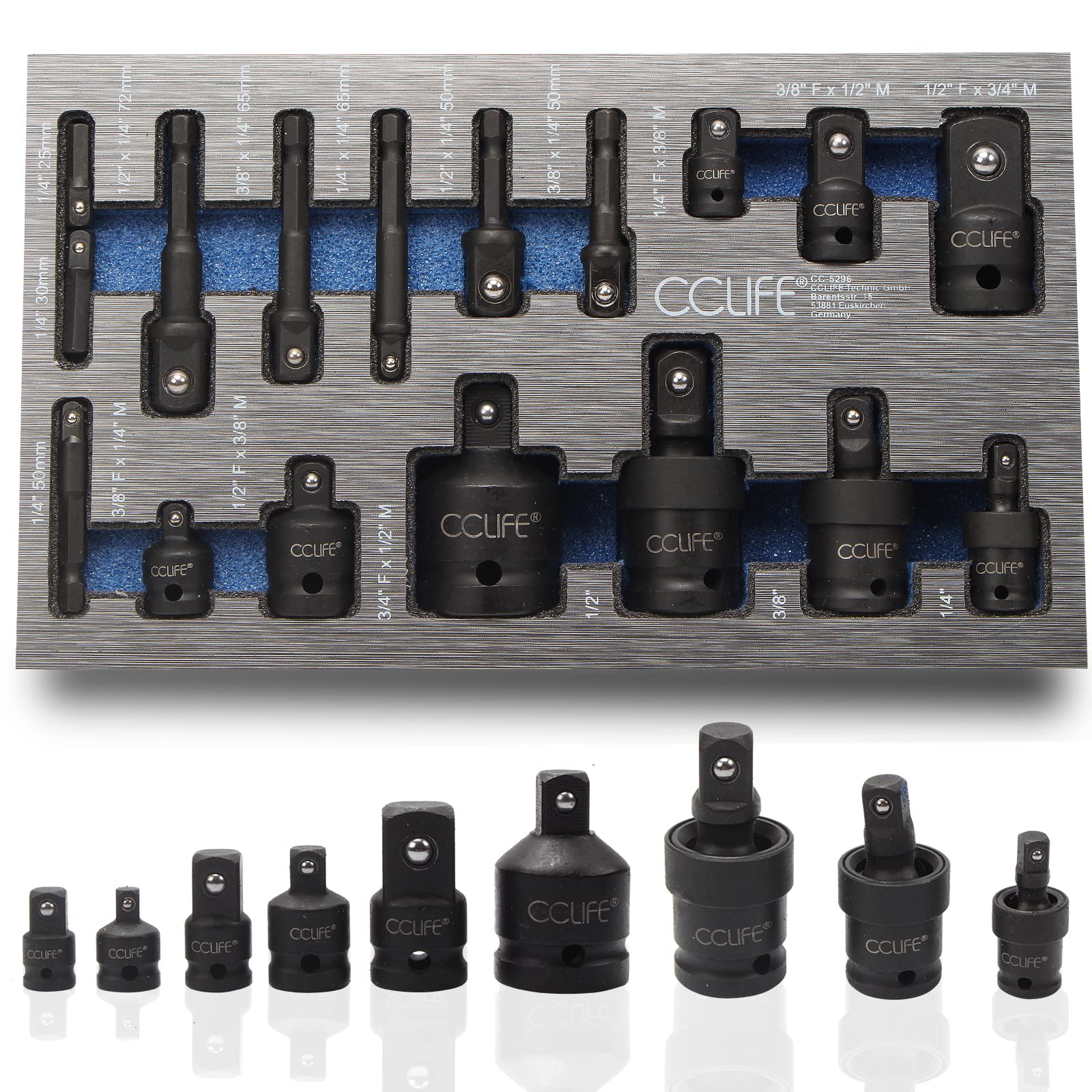 CCLIFE 17-Piece Socket Adapter for Impact Wrench 1/4 Inch 3/8 Inch 1/2 Inch 3/4 Inch Bit Nut & Universal Joint Cr-Mo