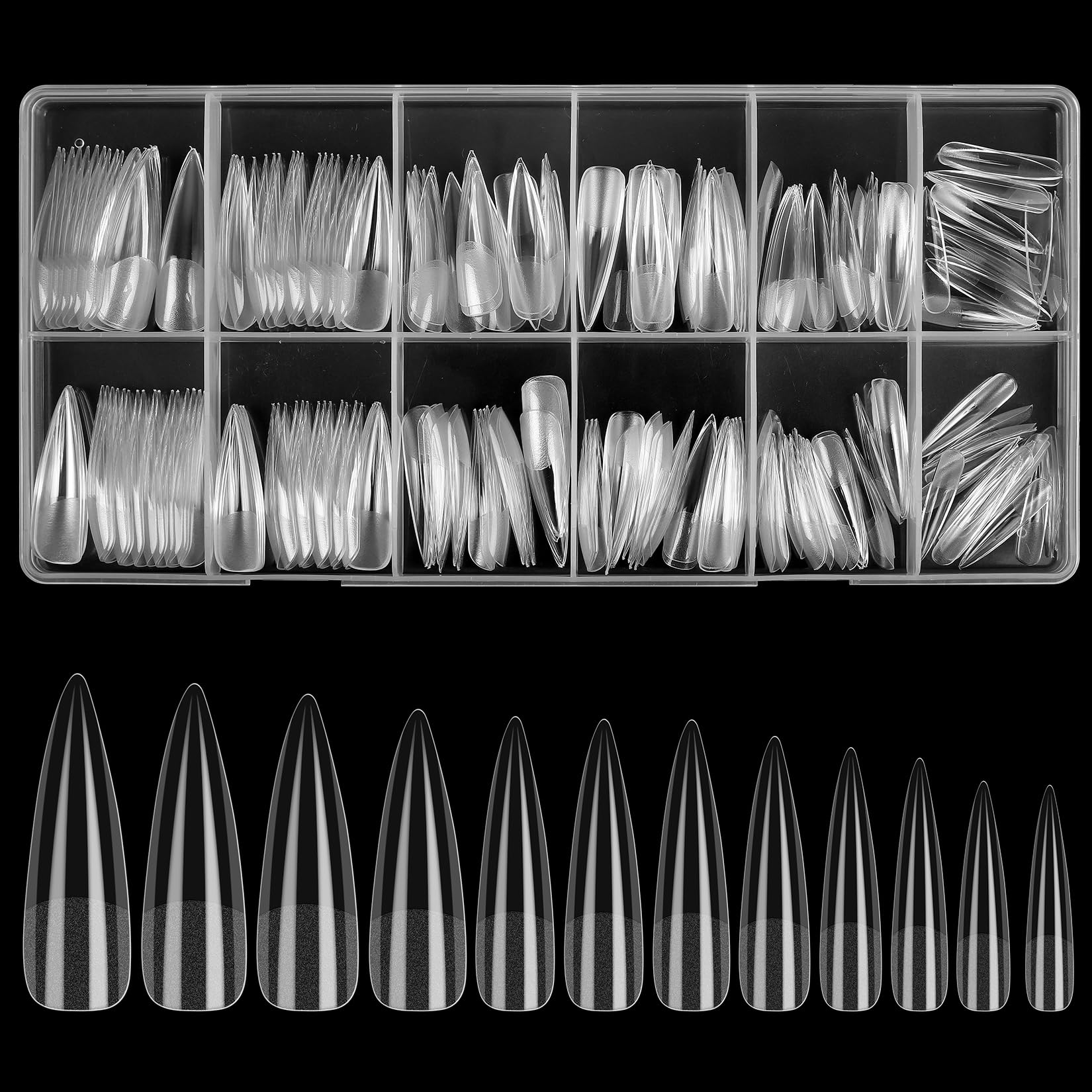 KOXXIAMOQ 240 Pcs Clear Stiletto Fake Nail Tips, Soft Gel Full Cover No C Curve Nail Tips for Extensions, Press on Nails, Long Acrylic False French Nails Traceless(transparent)
