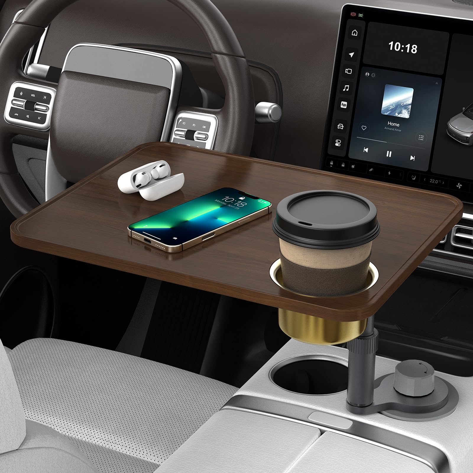 Photo 1 of Car Desk Car Tray for Laptop & Food, Wooden Cup Holder Table with Adjustable Height, Car Accessories for Women & Men 360° Rotatable Steering Wheel Tray for Tesla Model Y/3/S, Ford F150 & Most Vehicles