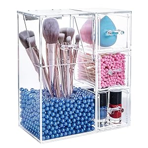 Yoelrsa Acrylic Makeup Box, Makeup Brush Holder with Lid and 3 Drawers, Waterproof and Dustproof Cosmetic Brush Organizer with Free Pearls, Used for the Dressing Table (XL+Drawers, Blue)