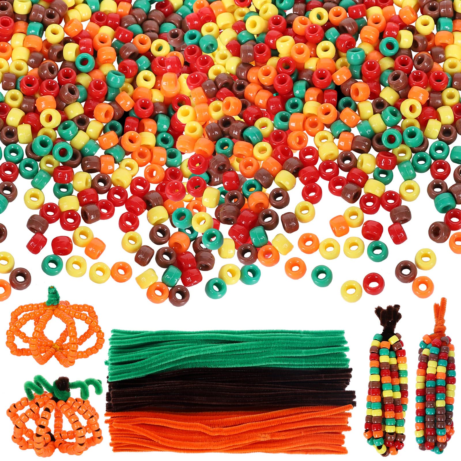 Photo 1 of ***PARTIAL SET - PRICE ADJUSTED*** Whaline 1000Pcs Fall Thanksgiving Pony Beads with 100Pcs Chenille Stems Pipe Cleaners 5 Colors Autumn Harvest Theme Multicolor Craft Plastic Beads for DIY Craft Necklace Bracelet Making Supplies
