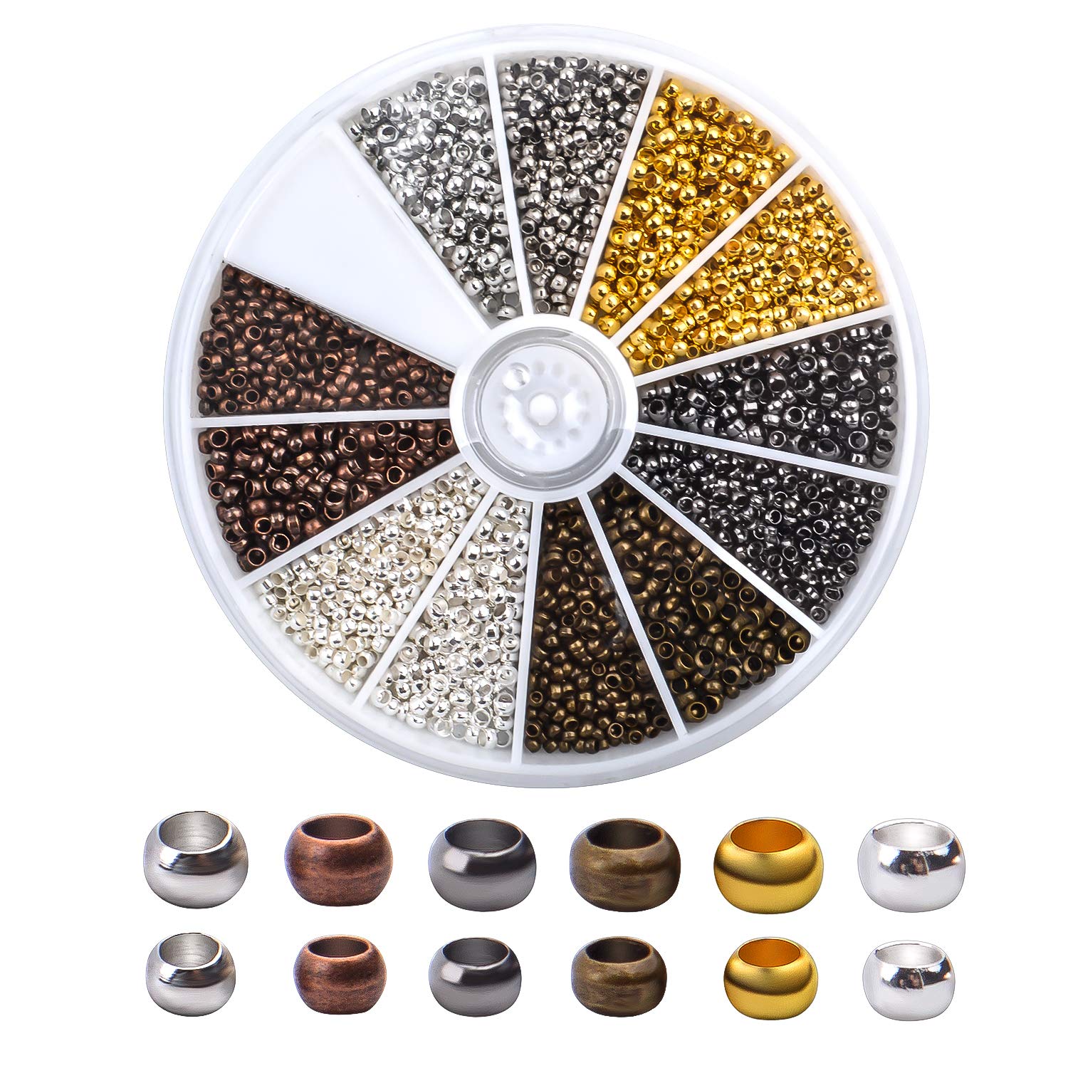 Aylifu 2250 Pieces Tube Crimp Beads Jewelry Making Ends Round Loose Spacer Beads Metal Beads for Jewellery Making, 2 Sizes, 6 Colors