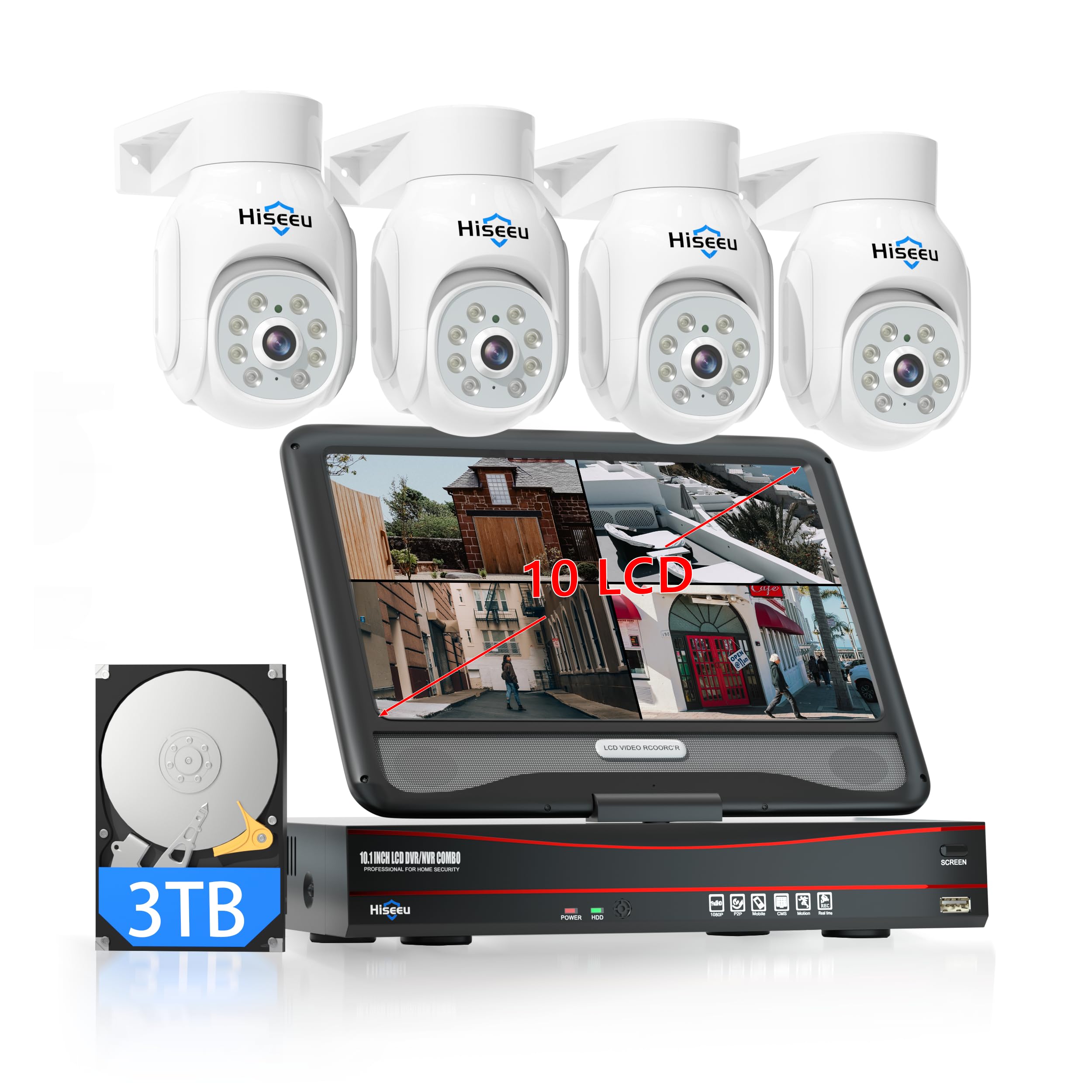 【500万画素・追尾機能搭載 ・POE有線接続】Hiseeu防犯カメラ poe給電 屋外 有線 監視カメラ ４台セット 10インチモニター PTZカメラ IP66防水 センサー発光 双方向音声 屋内外対応 暗視撮影 動体検知 常時録画 防犯カメラ セット スマホ/パソコン遠隔監視 アプリ通知 監視カメラ・録画機セット （カメラ4台＋モニター付きNVR本体＋3TB HDD）商品画像