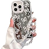 Pretaco for iPhone 14 Case, [White Bow Pattern][Shiny Mirror Case][2-in-1 with Beaded Wrist Strap] Soft TPU Frame, Shockproof and Anti-Shock, Suitable for Women & Girls