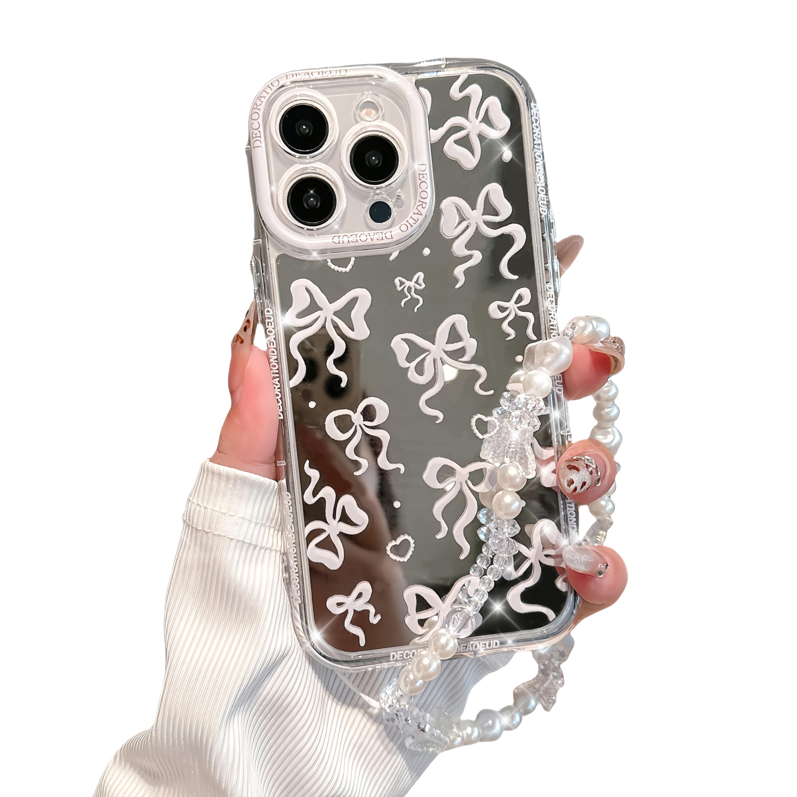 Photo 1 of Pretaco for iPhone 15 Pro Case, [White Bow Pattern][Shiny Mirror Case][2-in-1 with Beaded Wrist Strap] Soft TPU Frame, Shockproof and Anti-Shock, Suitable for Women & Girls