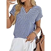 EVALESS Womens Dressy Casual Cap Short Sleeve Tops Trendy Summer V Neck Loose Striped Casual Basic T Shirts Tee Blouses