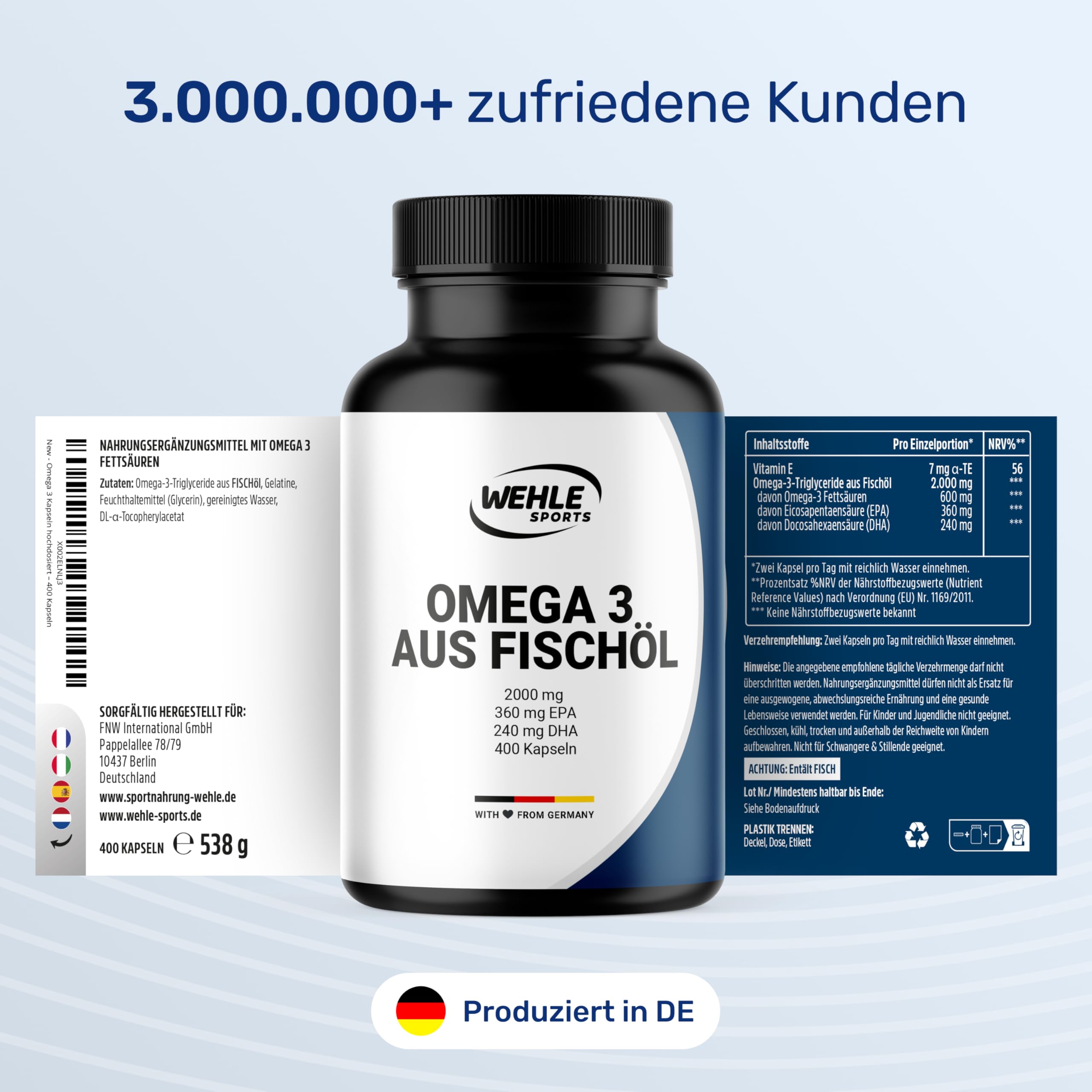 Omega 3 Kapseln Hochdosiert - 400 Kapseln mit 2000mg - EPA 360mg & DHA 240mg Fischöl pro Tagesportion - Omega 3 Fettsäuren Kapseln, produziert in Deutschland Laborgeprüft - Verpackung kann variieren 5