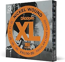 D'Addario Electric Guitar Strings, XL Nickel, EXL110-3D, Regular Light Gauge 10-46, 6-String Set, Pack of 3