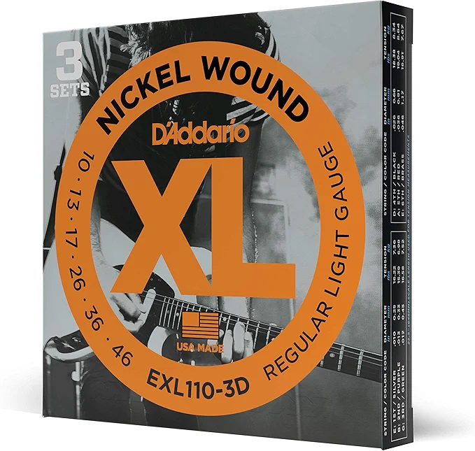 D'Addario Electric Guitar Strings, XL Nickel, EXL110-3D, Regular Light Gauge 10-46, 6-String Set, Pack of 3