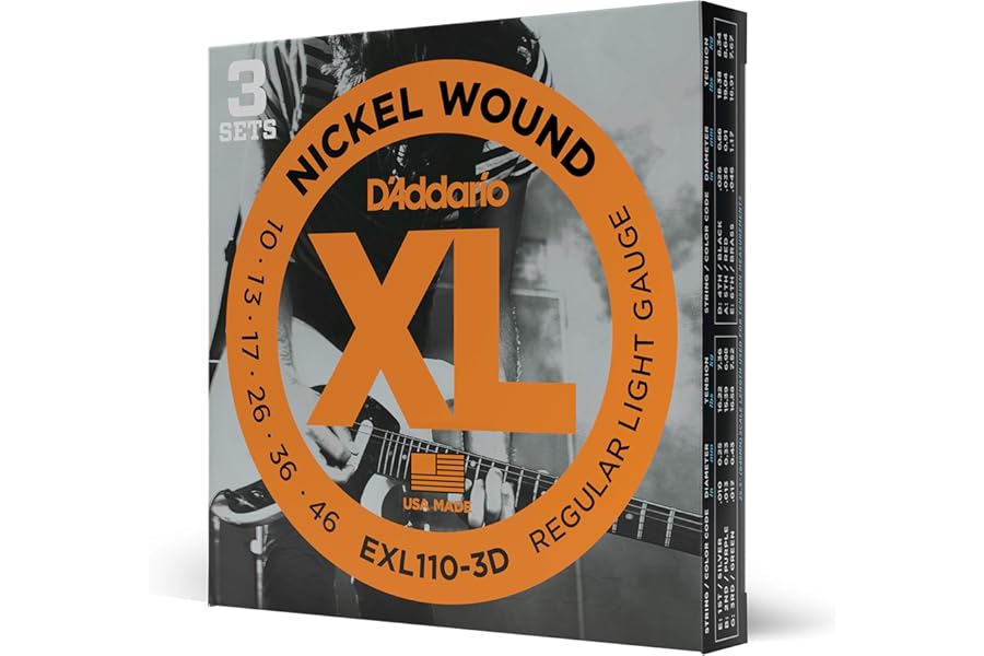 D'Addario Electric Guitar Strings, XL Nickel, EXL110-3D, Regular Light Gauge 10-46, 6-String Set, Pack of 3