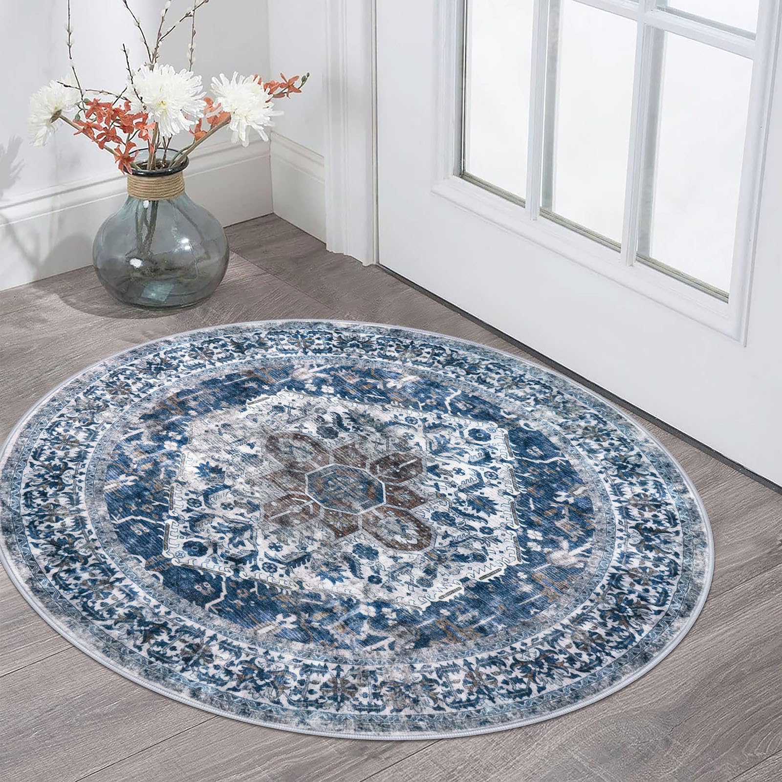 Photo 1 of KOZYFLY Round Rug 3 Ft Rugs for Entryway Washable Circle Entrance Rug Non Slip Round Doormat Indoor Printed Faux Wool Round Front Door Mat Floor Carpet for Backdoor, Entryway, Bedroom, Blue