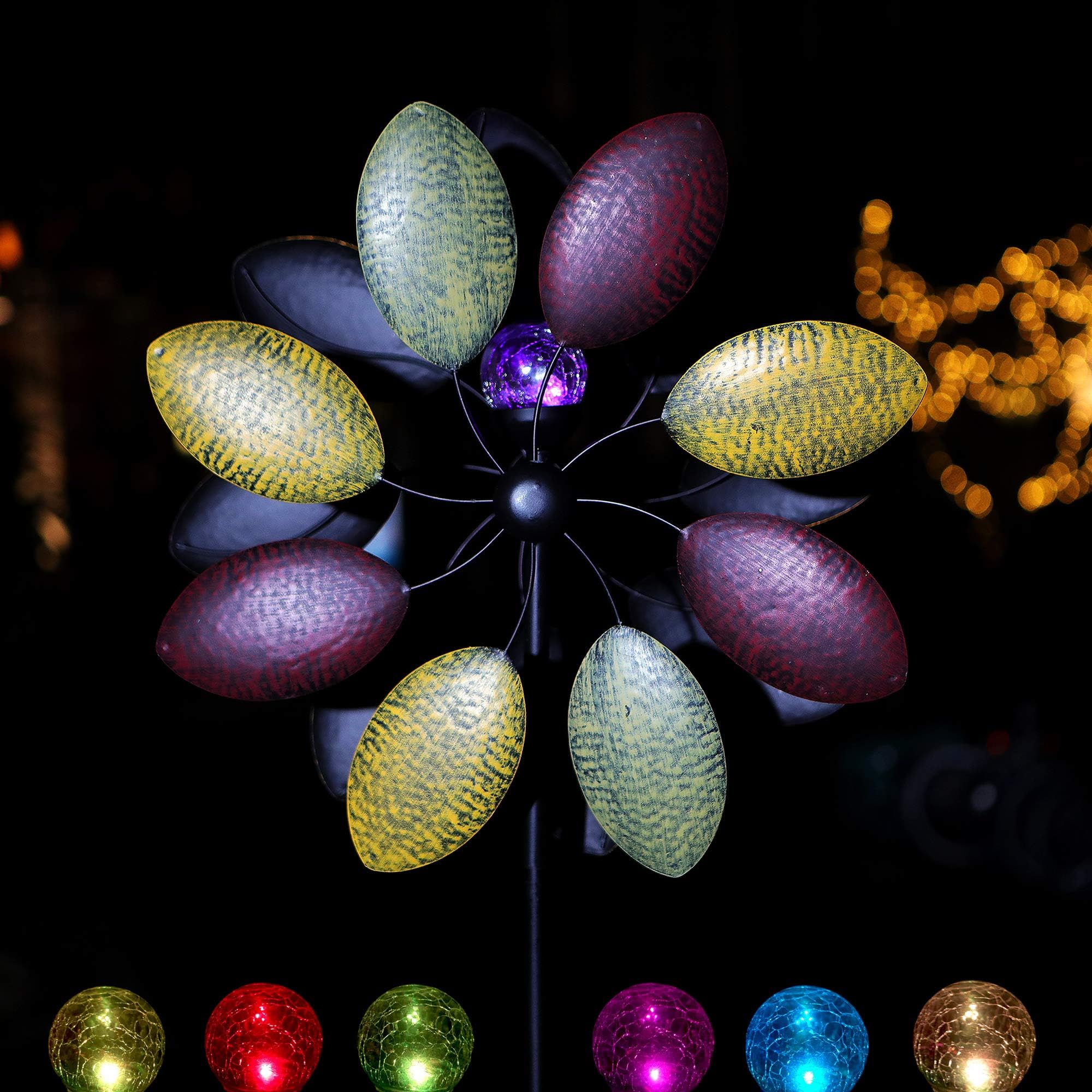 Solar Wind Spinner 7 Foot Tricolor Multi-Color LED Lighting by Solar Powered Glass Ball. Perfect Gardening Gift Amongst Wind Spinners and Windmills Yard Art with Kinetic Dual Direction Spinning