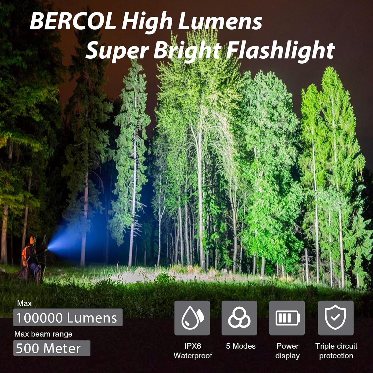 BERCOL Rechargeable LED Tactical Flashlights High Lumens, Super Bright 100000 Lumens Handheld Flashlight with 26650 Battery for Camping/Hiking/Hunting/Emergencies - - 