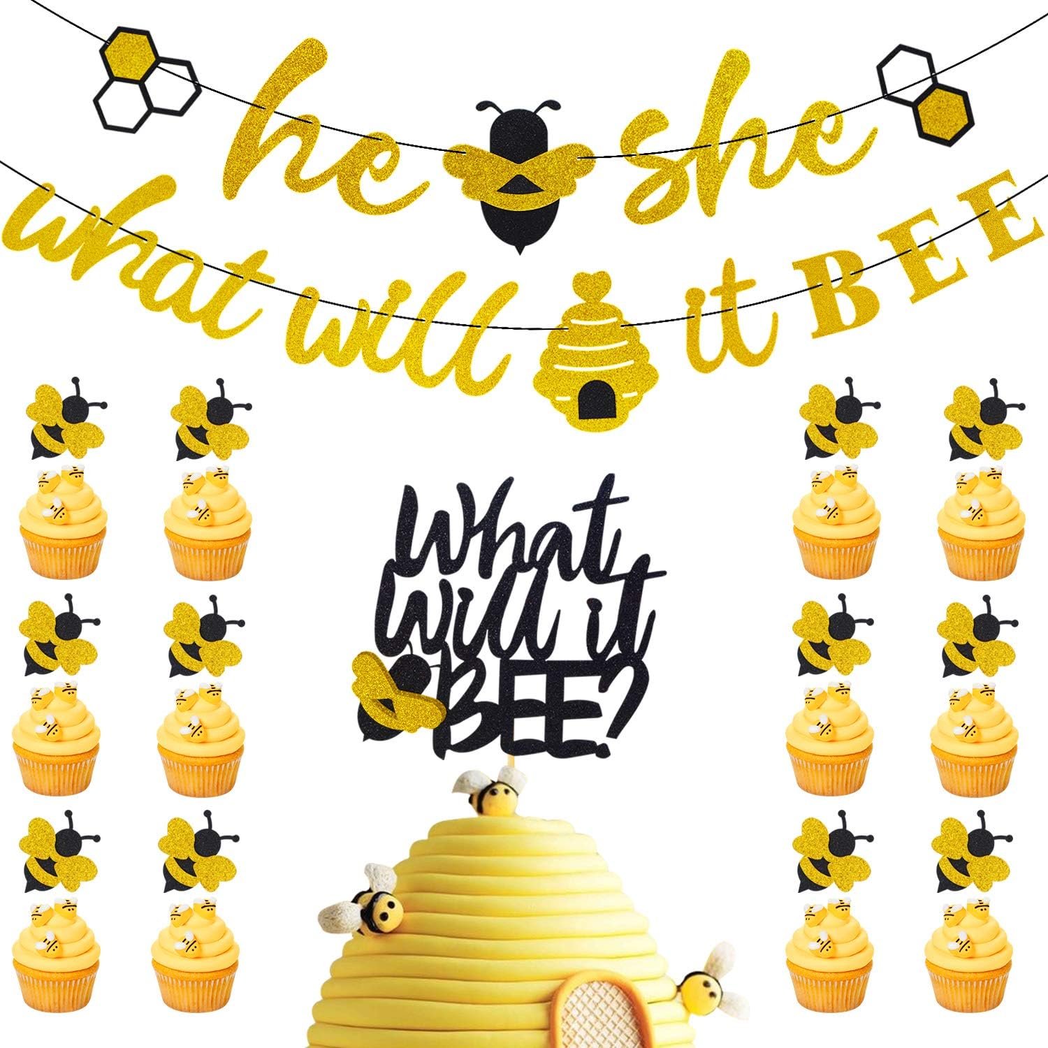 27 Pieces What Will It Bee Banner & Bumble Bee Cupcake Topper & Double Side Baby Shower Cake Topper He or She Gender Reveal Themed Party Supplies Glitter Decorations
