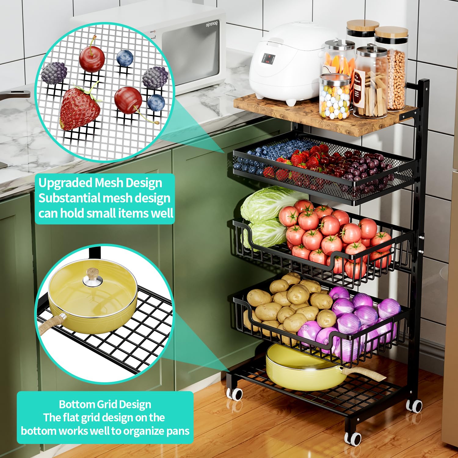 Carts With Wheels 3 Tier Rolling Kitchen Cart - Mesh Fruit Vegetable ...