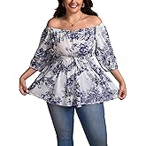 SHESTARR Women's Plus Size Square Neck Peplum Blouses Dressy Tops 3/4 Puff Sleeve Empire Waist Tie Ruffle Hem Babydoll Top