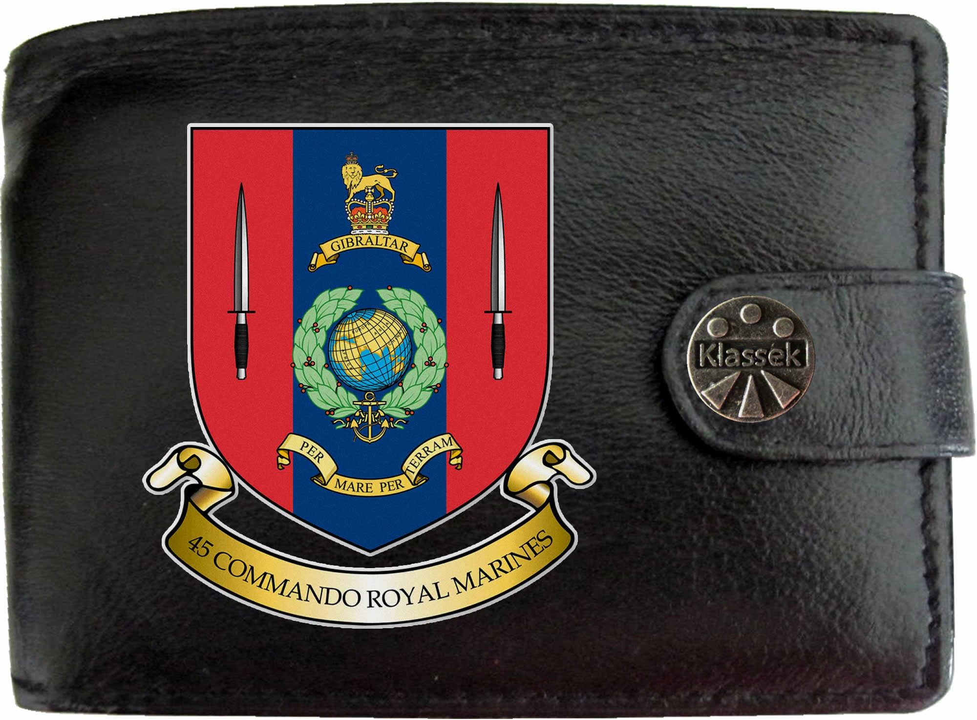 KlassekRoyal Marines 45 Commando Image Men Wallet Real Leather Cap Badge Emblem Military Crest Insignia RFID Blocking with Coin Pocket and Metal Gift Box