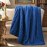 Amélie Home Chunky Knit Throw Blanket, Dual-Sided Soft Chenille Breathable Cable Knitted Blanket for Couch, Farmhouse Decorative Throw for Sofa & Chair, 50"x60", Blue