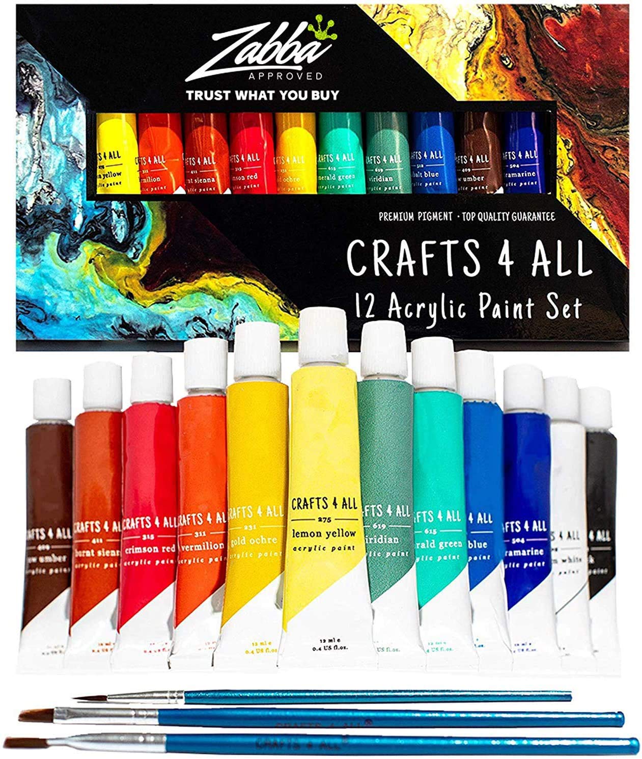 Acrylic Paint Set 12 Colors by Crafts 4 ALL Perfect For Canvas, Wood