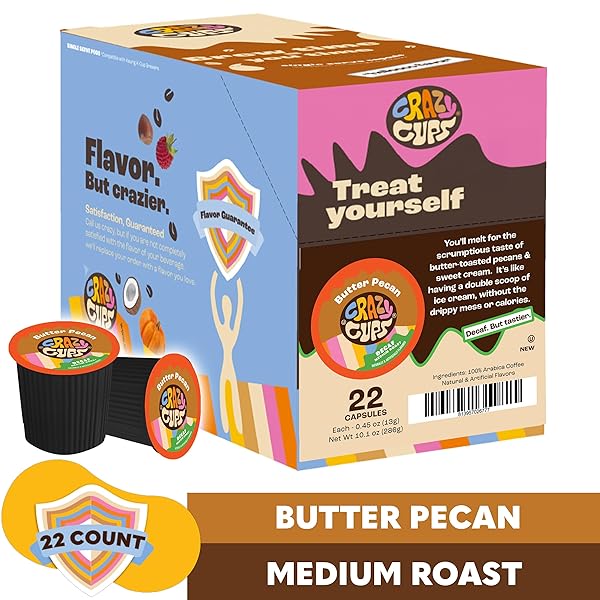 CRAZY CUPS FLAVORED DECAF COFFEE PODS, DECAF BUTTER PECAN COFFEE, DECAF K CUPS FOR KEURIG K CUPS MACHINES, HOT OR ICED COFFEE, SINGLE SERVE DECAFFEINATED COFFEE IN RECYCLABLE PODS, 22 COUNT