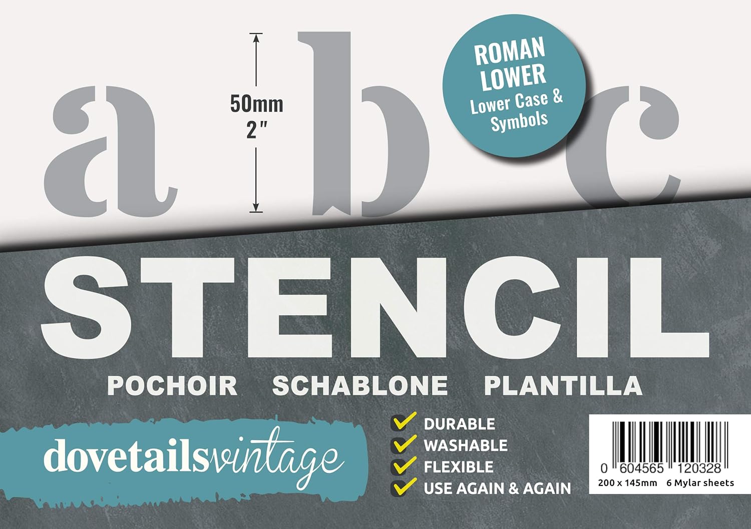 Dovetails Vintage Letter Stencil 50 mm Tall Roman Style Lower Case Letters and Symbols, off white, 6 sheets of 200 x 148mm