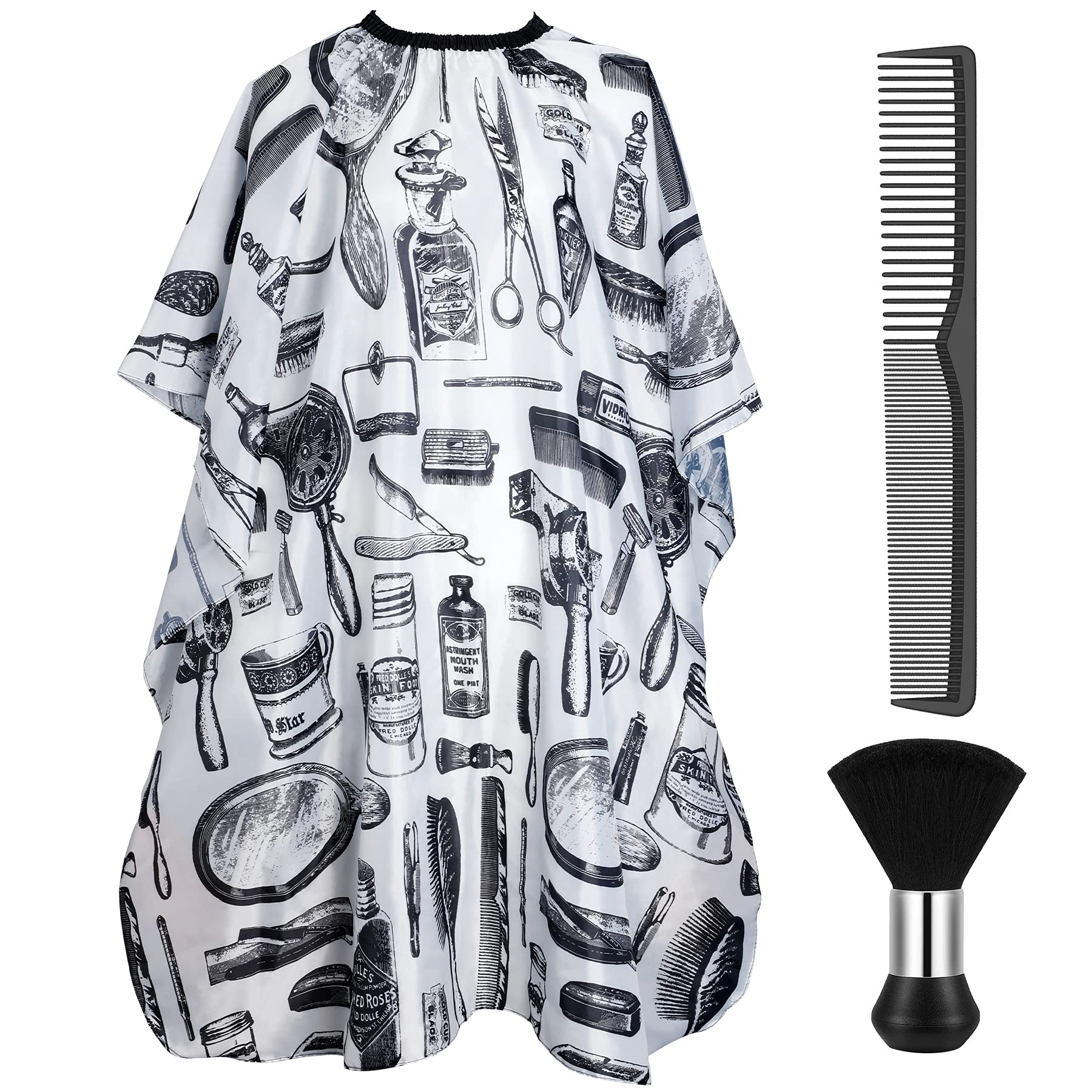 JANYUN Professional Barber Cape, Salon Cape with Neck Duster Brush and Hairdressing Comb for Hair Cutting, Waterproof Hair Cutting Cape（White Print