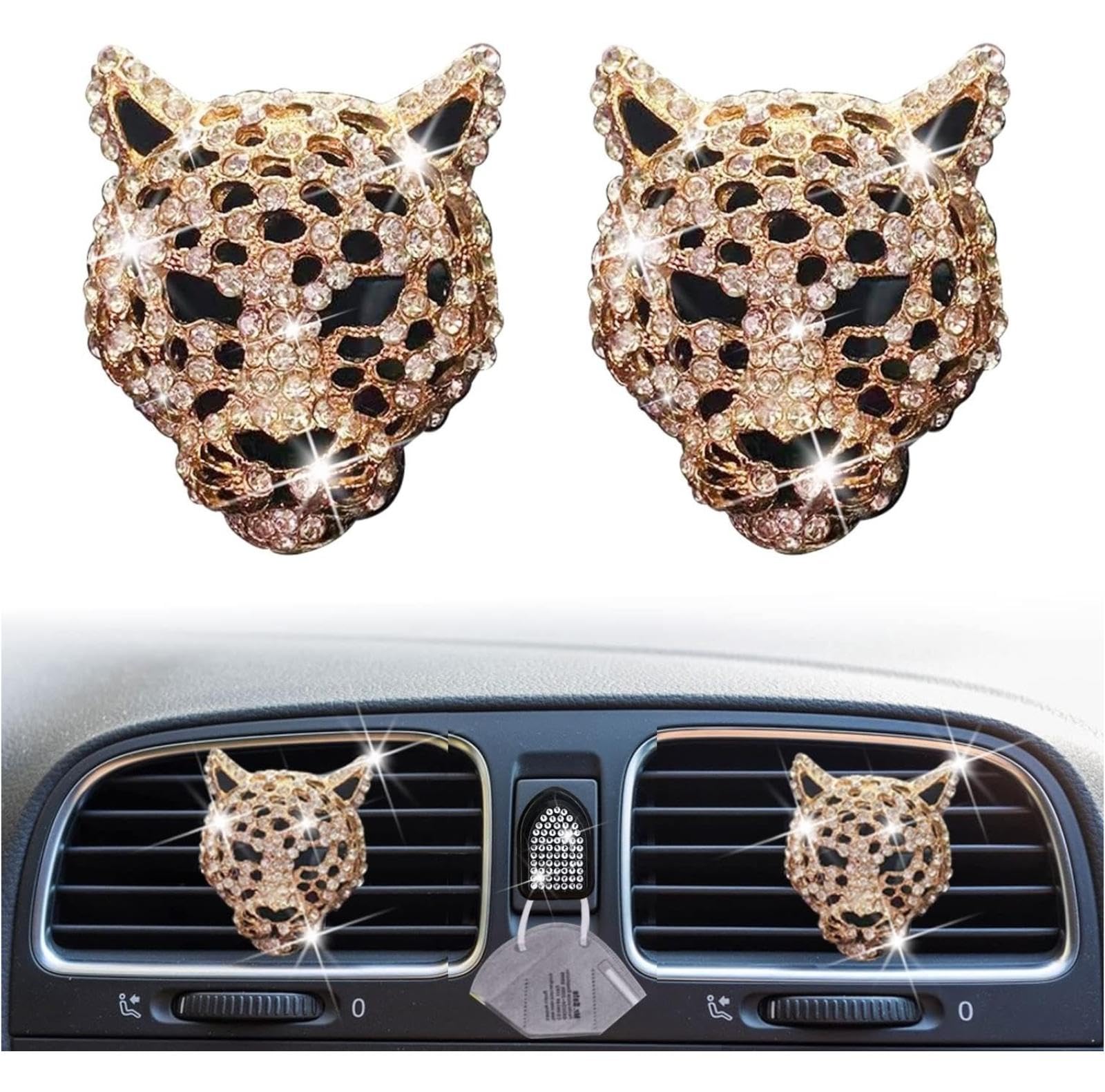 Photo 1 of 2PCs Golden Bling Leopard Air Freshener Vent Clip Rhinestone Car Decoration Interiors Accessory