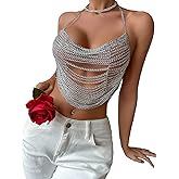 SHENHE Women's Chain Asymmetrical Hem Backless Halter Crop Cami Top Sexy Party Top