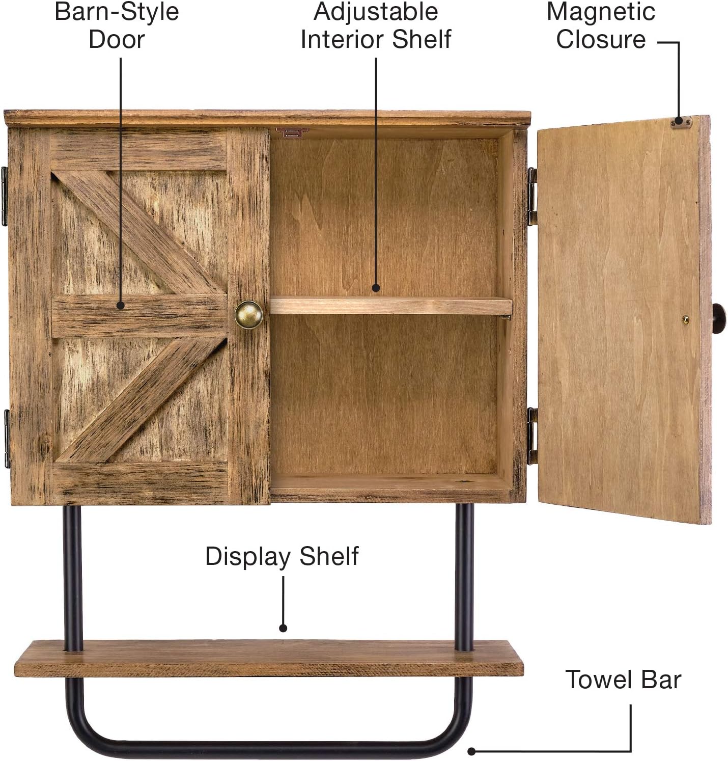 Excello Global Products Barndoor Bathroom Wall Cabinet, Space Saver Storage Cabinet Kitchen Medicine Cabinet with Adjustable Shelf and Towel Bar, Rustic Brown: Home & Kitchen
